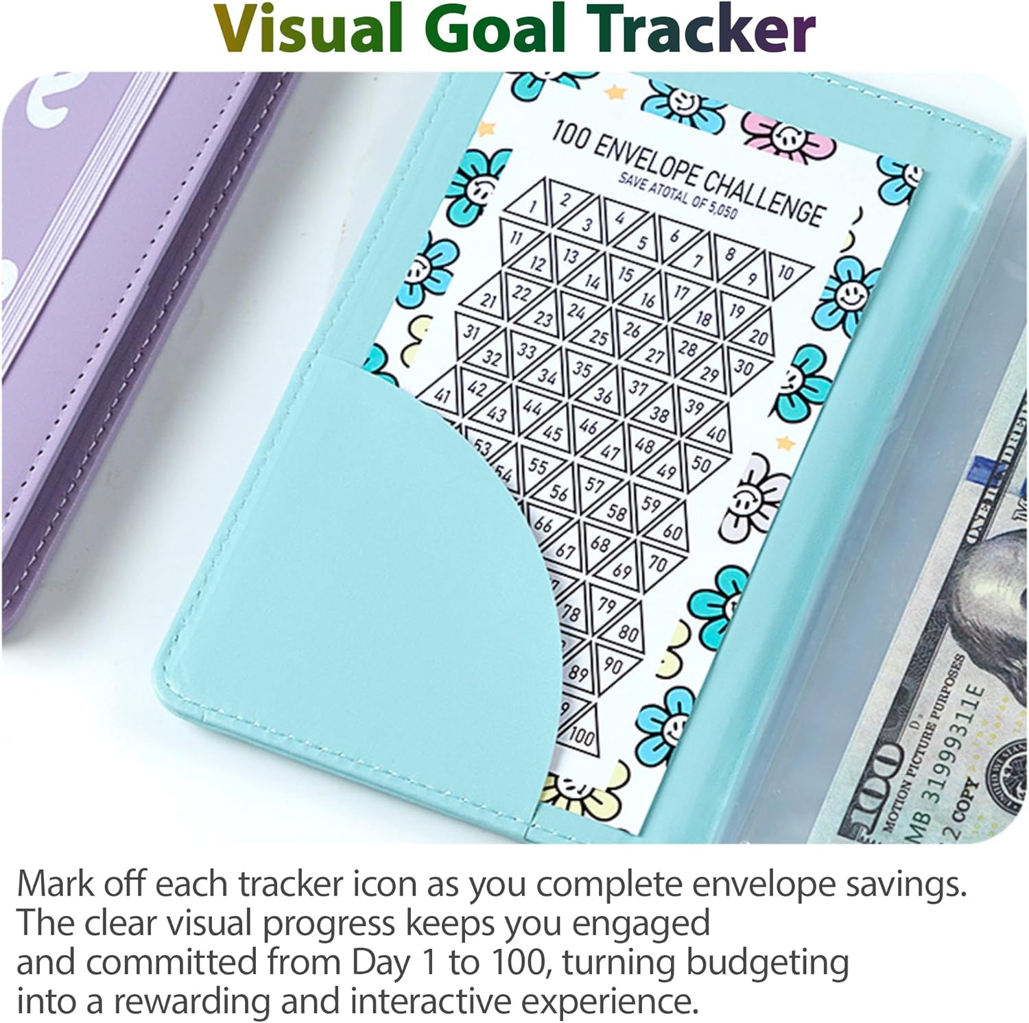 Purple 100 Days Envelope Savings Challenge with 50 Clear Double-Sided Pages - Portable A6 Size for Budgeting & Financial Goals