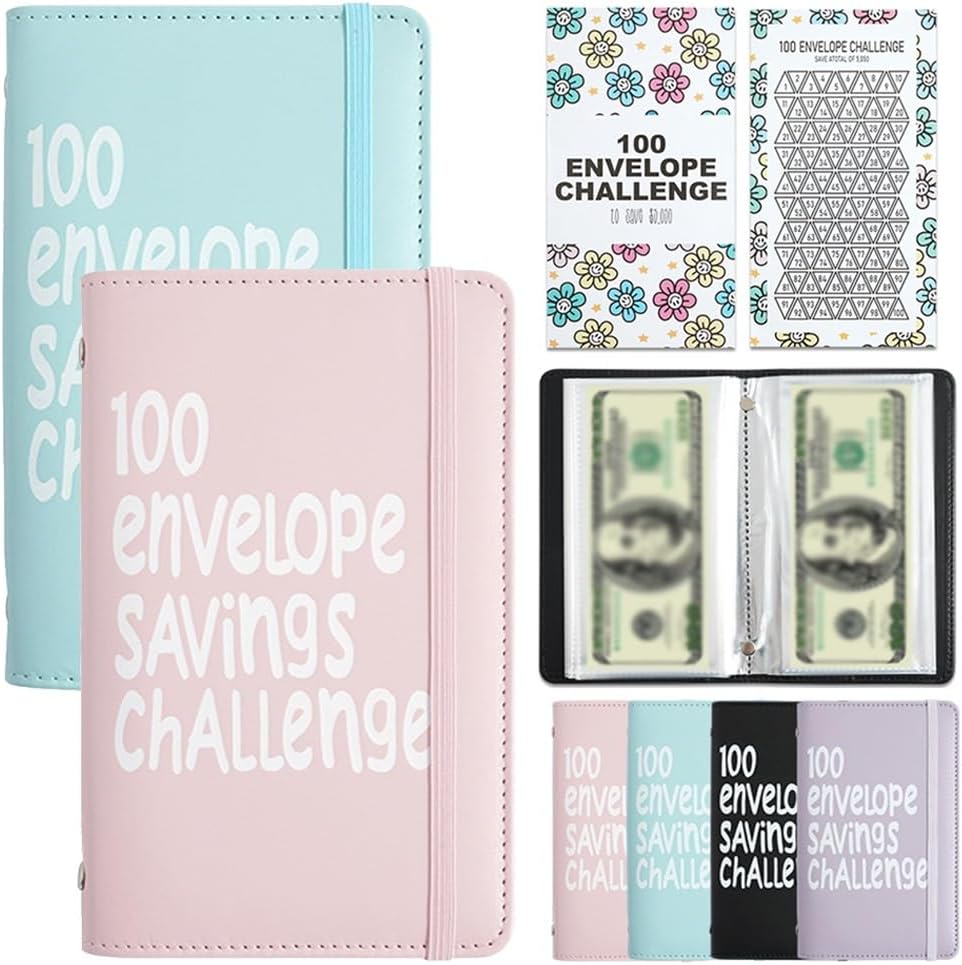 Two-Player 100 Days Envelope Savings Challenge with 50 Clear Double-Sided Pages - Portable A6 Size for Budgeting & Financial Goals (Pink + Blue)