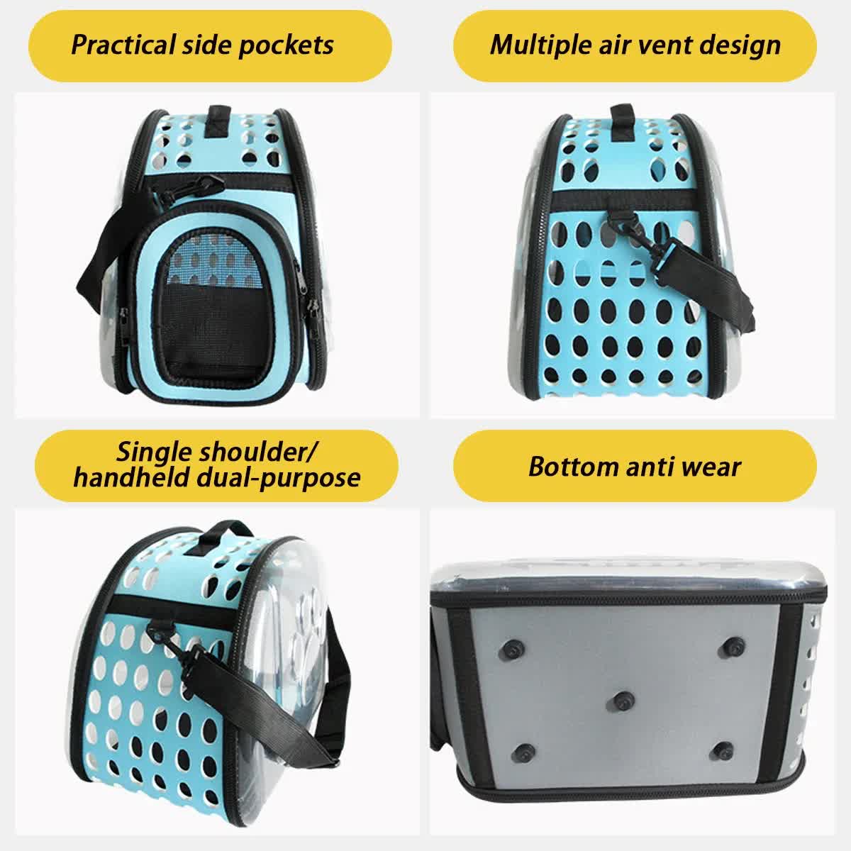 Grey Foldable Breathable Pet Carrier with Panoramic Window & Strap - EVA & Lychee Leather Crossbody Travel Bag (L 42 x 33 x 28.5CM)