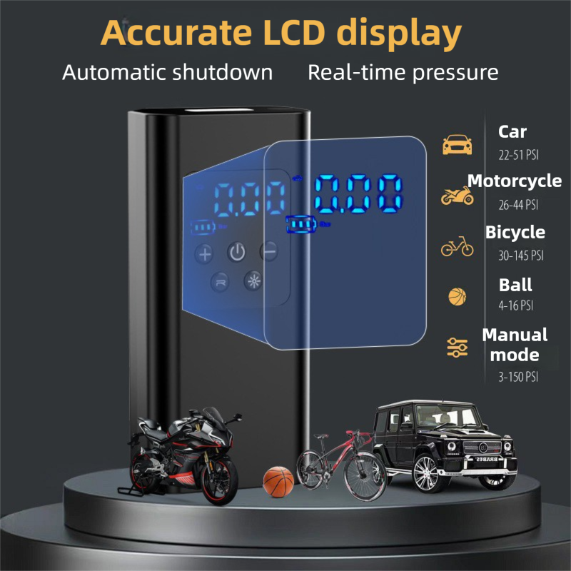 Wireless Rechargeable Tire Inflator with 4 Inflation Modes & 5 Inflatable Parts - Real-Time LCD Precision Gauge, Auto-Stop & Emergency LED Light(2-Cell)