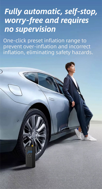 Wireless Rechargeable Tire Inflator with 4 Inflation Modes & 5 Inflatable Parts - Real-Time LCD Precision Gauge, Auto-Stop & Emergency LED Light(2-Cell)