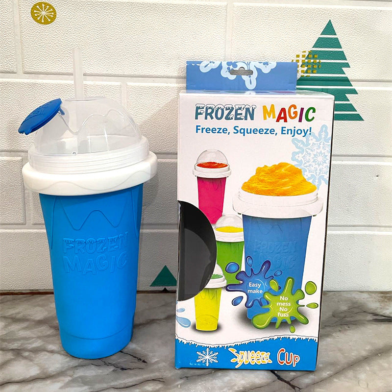 Blue Instant DIY Slushie Squeeze Maker Cup - Food-Grade Silicone Double-Layer Cooling Smoothie Cup with 2-in-1 Straw & Spoon