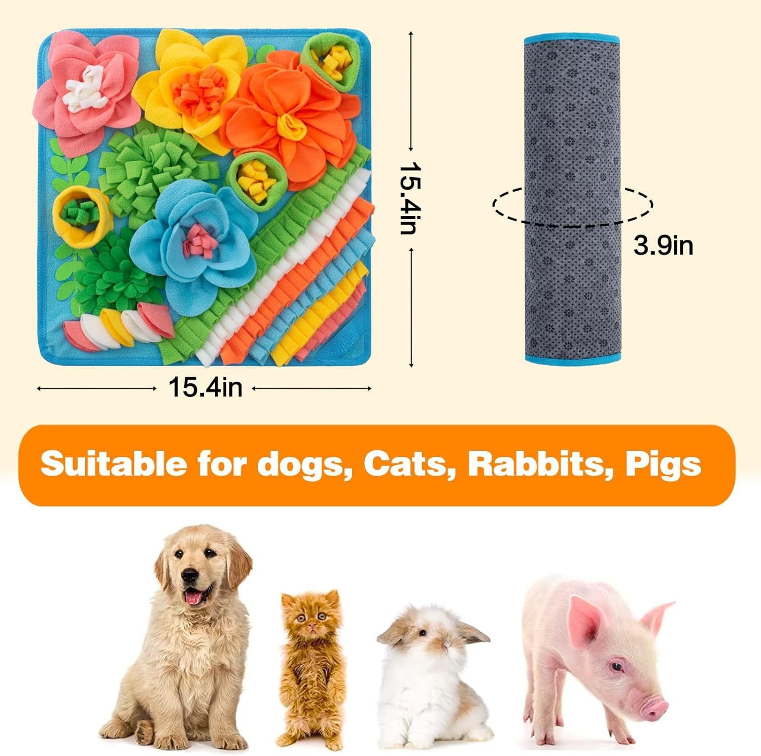 Blue 39X39CM Interactive Fleece Dog Sniffing Mat & Slow Feeder - Stress Relief IQ Training Scent Foraging Blanket for Indoor Cats and Dogs