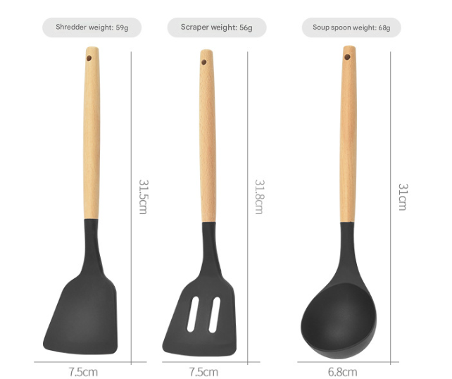 12-Piece Khaki Heat-Resistant Silicone Cooking Utensils with Wooden Handles and Box - Non-Stick Scratch-Free Kitchen Tool Kit