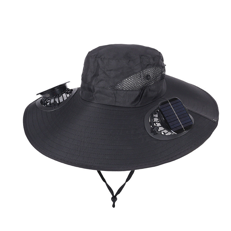 Black Dual Turbo Fan Sun Hat with Square Solar Panel & TypeC Interface - Waterproof 14cm Wide-Brim Cooling Hat for Outdoor Fishing Hiking Camping