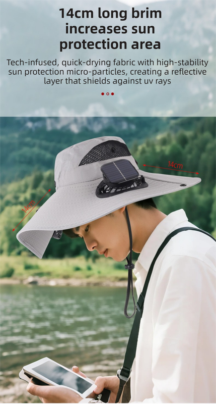 Khaki Dual Turbo Fan Sun Hat with Round Solar Panel & TypeC Interface - Waterproof 14cm Wide-Brim Cooling Hat for Outdoor Fishing Hiking Camping