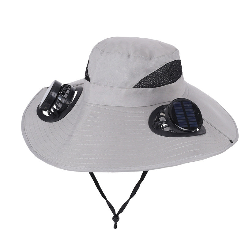Light Grey Dual Turbo Fan Sun Hat with Round Solar Panel & TypeC Interface - Waterproof 14cm Wide-Brim Cooling Hat for Outdoor Fishing Hiking Camping