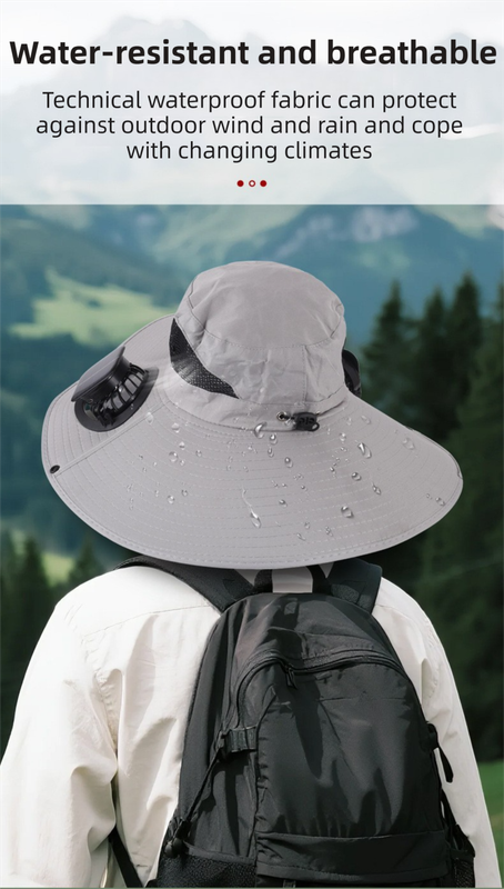 Light Grey Dual Turbo Fan Sun Hat with Round Solar Panel & TypeC Interface - Waterproof 14cm Wide-Brim Cooling Hat for Outdoor Fishing Hiking Camping
