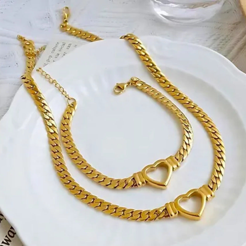 Style 5 Trendy Gold-Plated Heart Necklace & Bracelet Set - Tarnish Free Titanium Steel Cuban Link Jewelry for Fashionable Women