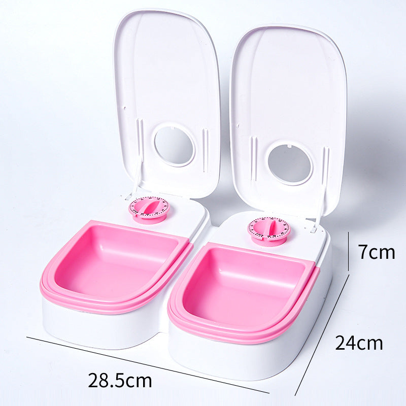 Pink Silent Automatic Pet Double Meal Dispenser with Rotary Buckle - Longest 48H Scheduled and Long Battery Life, Detachable for Easy Cleaning