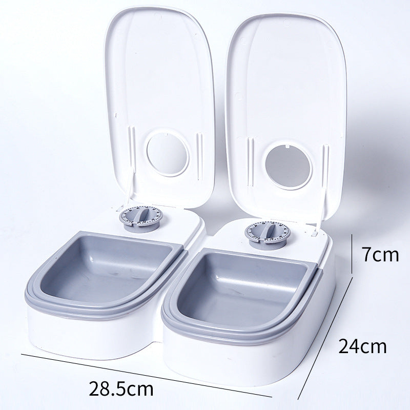 Grey Silent Automatic Pet Double Meal Dispenser with Rotary Buckle - Longest 48H Scheduled and Long Battery Life, Detachable for Easy Cleaning