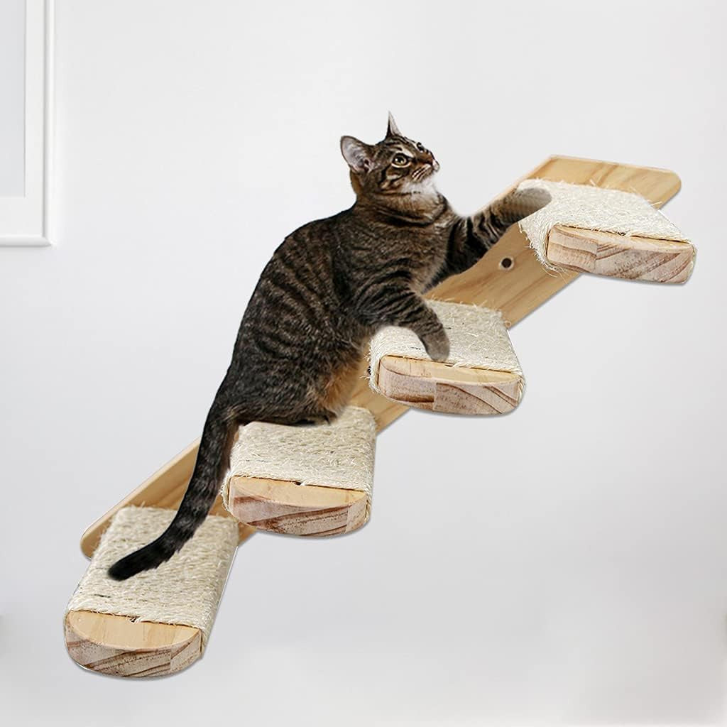 4-Tier Solid Wood Wall-Mounted Cat Climbing Ladder - Vertical Jumping Steps for Indoor Cats with Installation Kit