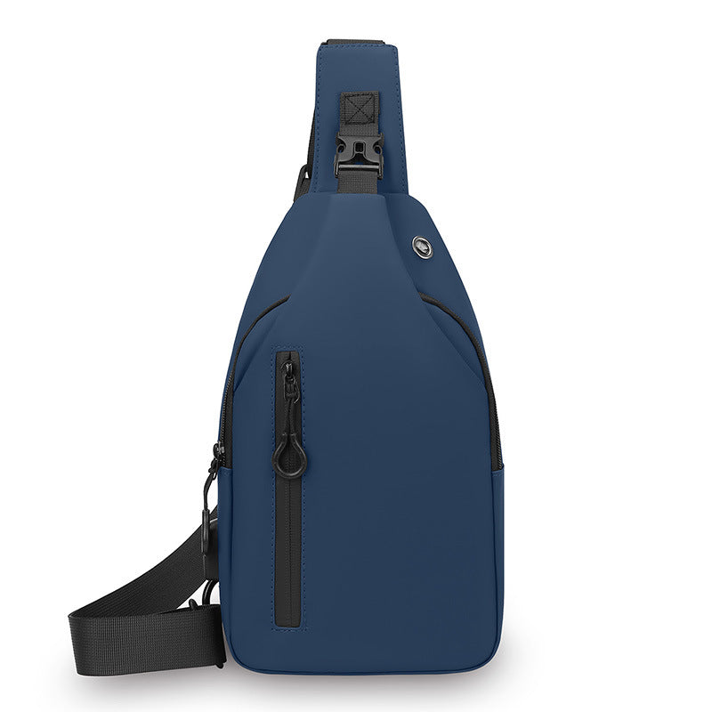 Blue Waterproof Unisex Chest Bag with USB Charging & Headphone Port - 3-Layer Large Capacity PU Leather Crossbody Bag