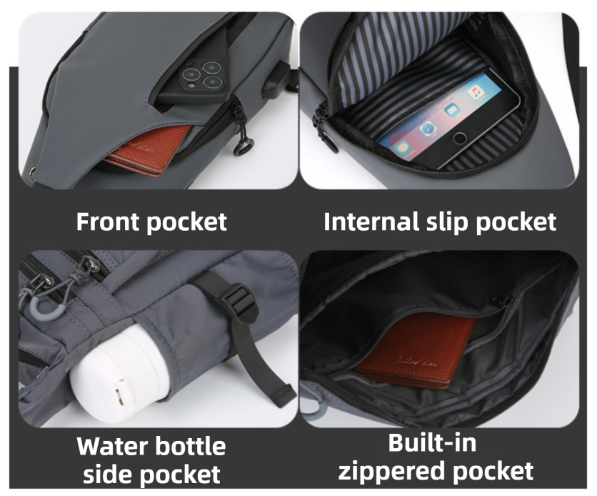 Blue Waterproof Unisex Chest Bag with USB Charging & Headphone Port - 3-Layer Large Capacity PU Leather Crossbody Bag