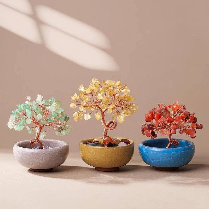 Natural Yellow Crystal Money Tree with Fortune Basin & Adjustable Wire Branches - Desktop Feng Shui Decor for Wealth and Prosperity