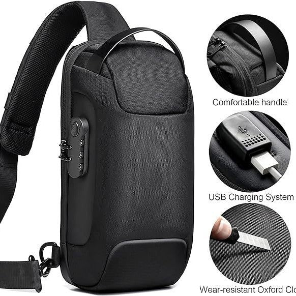 Black Lightweight Anti-Theft Tactical Chest Bag - Waterproof Security Sling Bag with 3-Digit Password Lock & Smart USB Charging Port