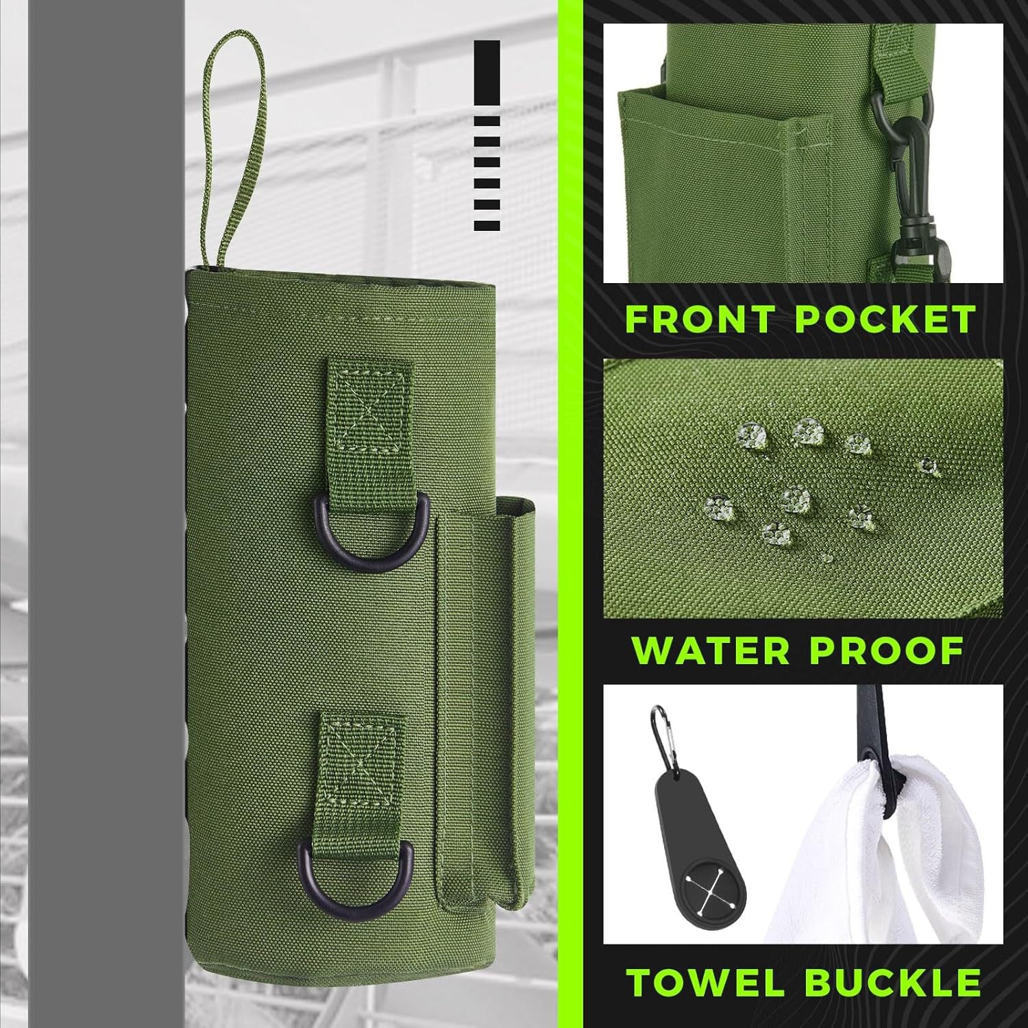 Green Magnetic Gym Water Bottle Pouch & Towel Clip with 6 High-Strength Magnets and Adjustable Strap - Fits 18oz to 40oz