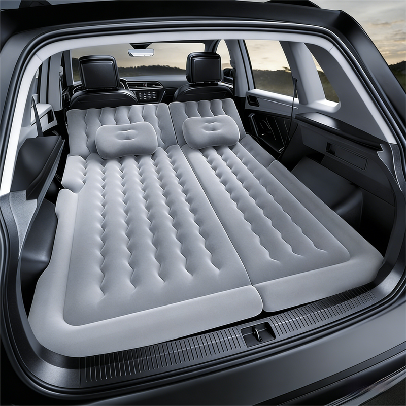 Grey Multi-Chamber Car Inflatable Air Mattress with Electric Pump, Storage Bag & Pillows for Universal Trunk Sleeping and Camping (174 x 126 CM)