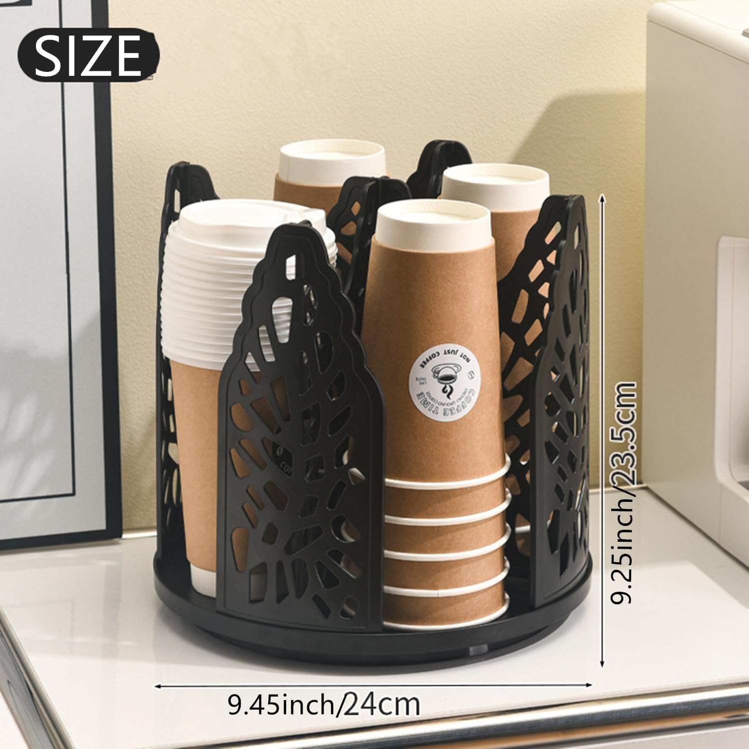 Black 360°Rotating Multi-Scenario Countertop Storage Rack - Large Capacity 4 Compartment Holder for Coffee & Tea Cups