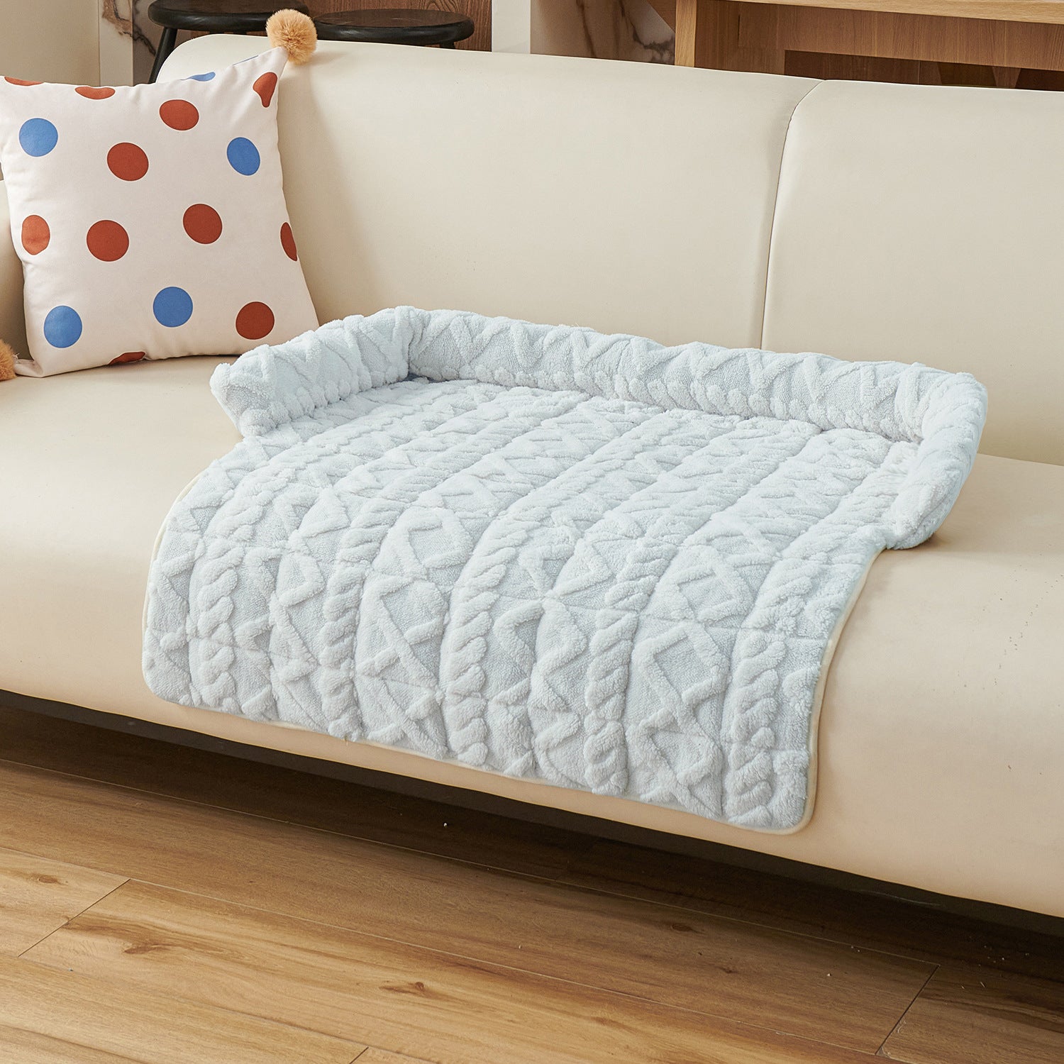 Blue Pet Sofa Protector & Calming Bolster Bed with Cable Knit - 75x75CM Thickened Non Slip Furniture Cover for Cats & Dogs