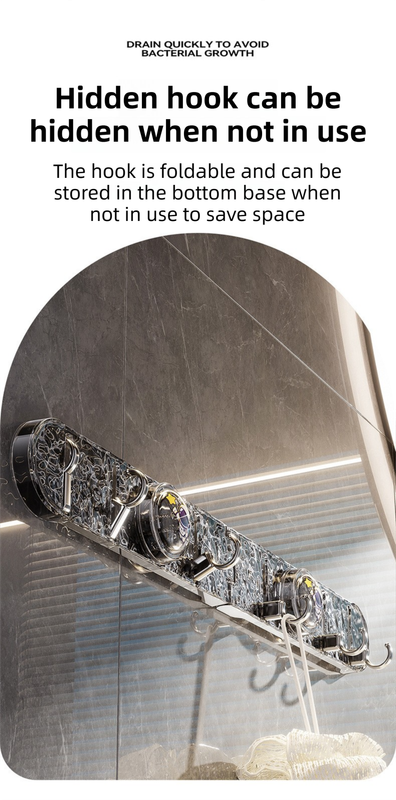 180° Foldable Hidden Hook Rail with Reusable Suction Cup - Waterproof Water Ripple Rack for Bathroom & Kitchen (Black-Transparency)