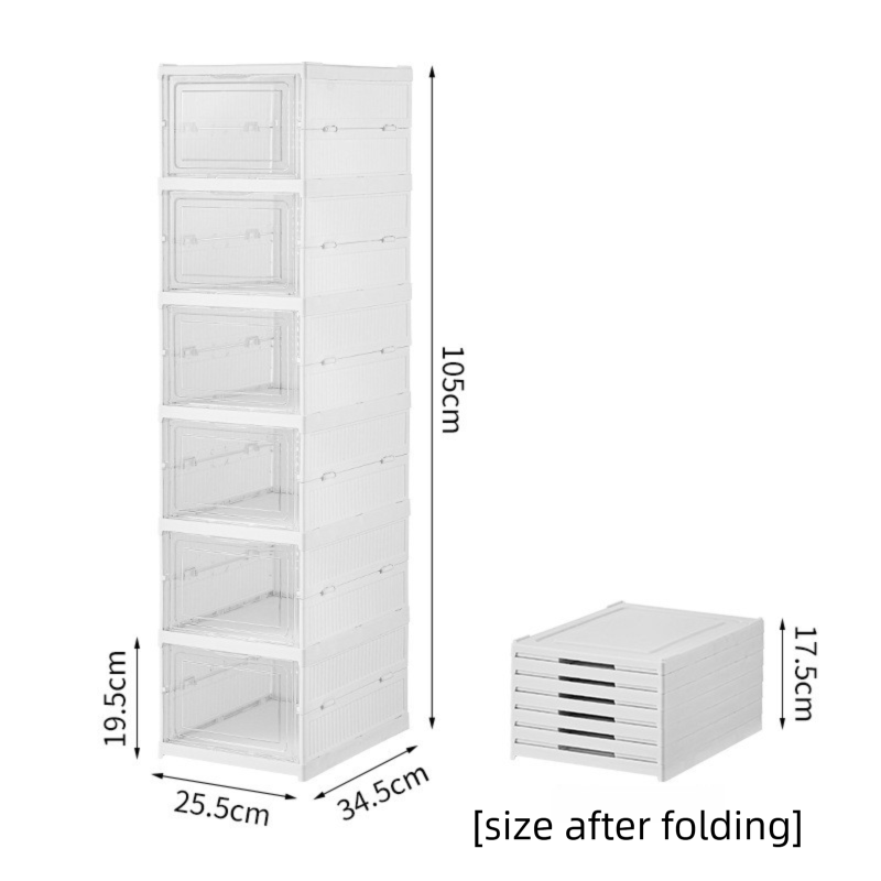 Transparent 6-Layer Foldable Shoe Storage Tower with Transparent Display Panel & Back Ventilation - One-Pull Instant Setup Stackable Box (25.5x34.5x105CM)