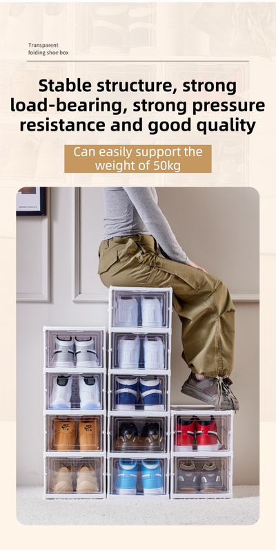 Transparent Grey 6-Layer Foldable Shoe Storage Tower with Transparent Display Panel & Back Ventilation - One-Pull Instant Setup Stackable Box (25.5x34.5x105CM)