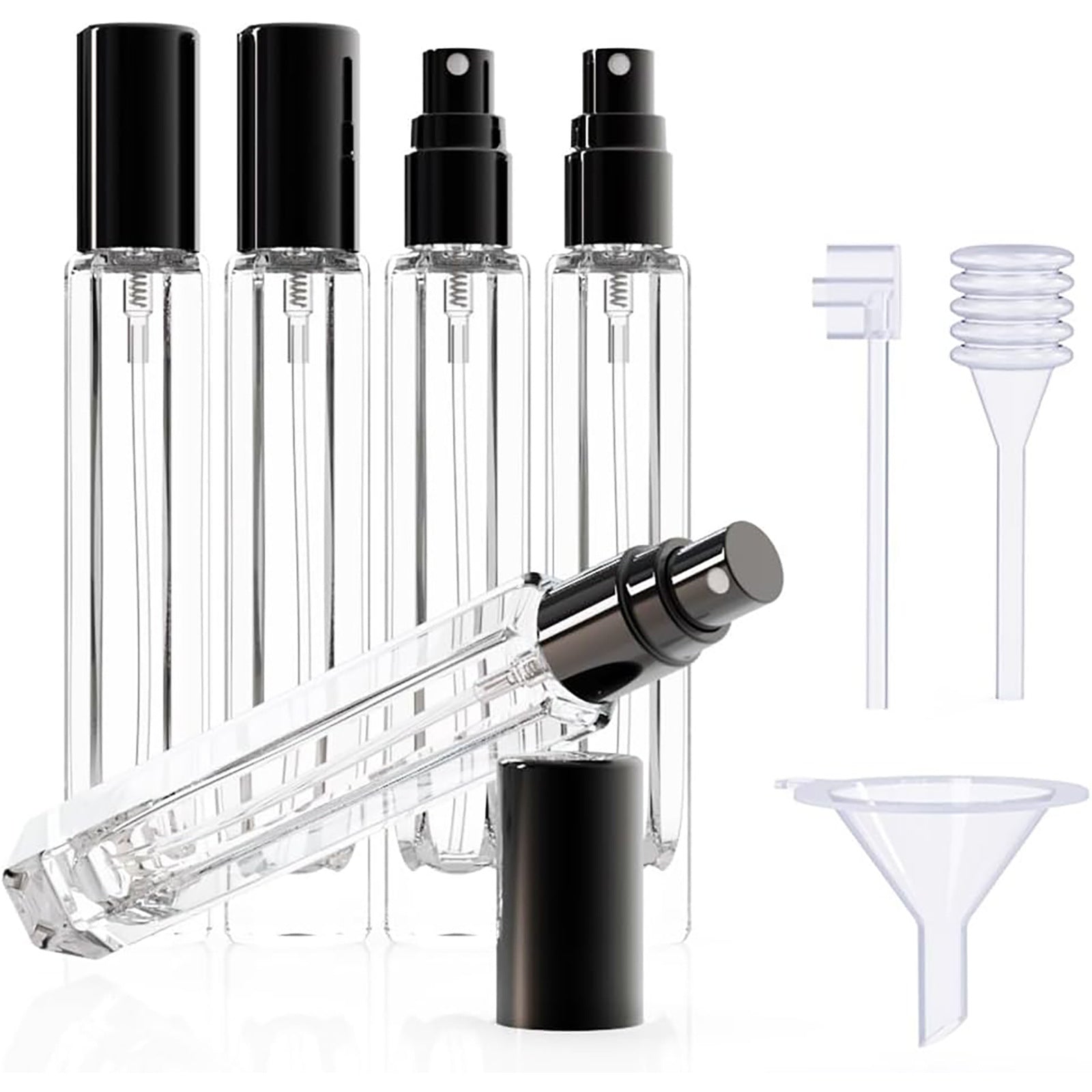 5-Piece Black Premium Glass Travel Perfume Atomizer Set - 10ml Portable Refillable Sprayers with Transfer Tools
