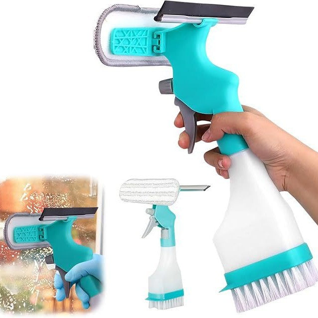 4-in-1 Versatile Window Cleaning Kit - All-in-One Spray, Squeegee, Brush, and Plush Scrubber
