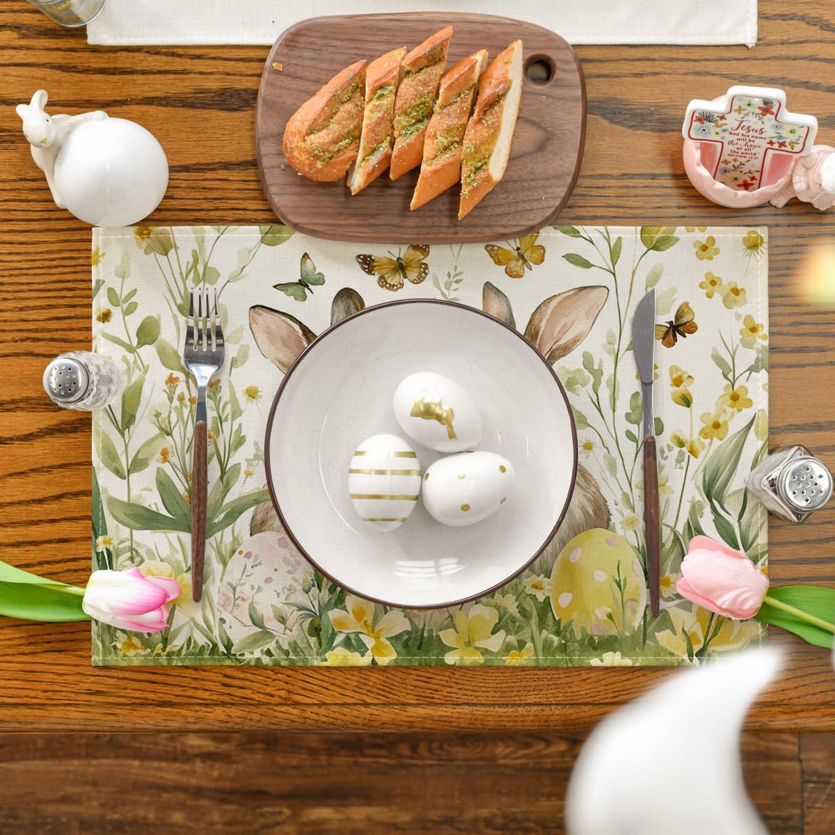 4-Pack Happy Easter Bunny & Egg Placemats - Festive Holiday Table Mats - Stain-Resistant Kitchen Decor for Spring Parties