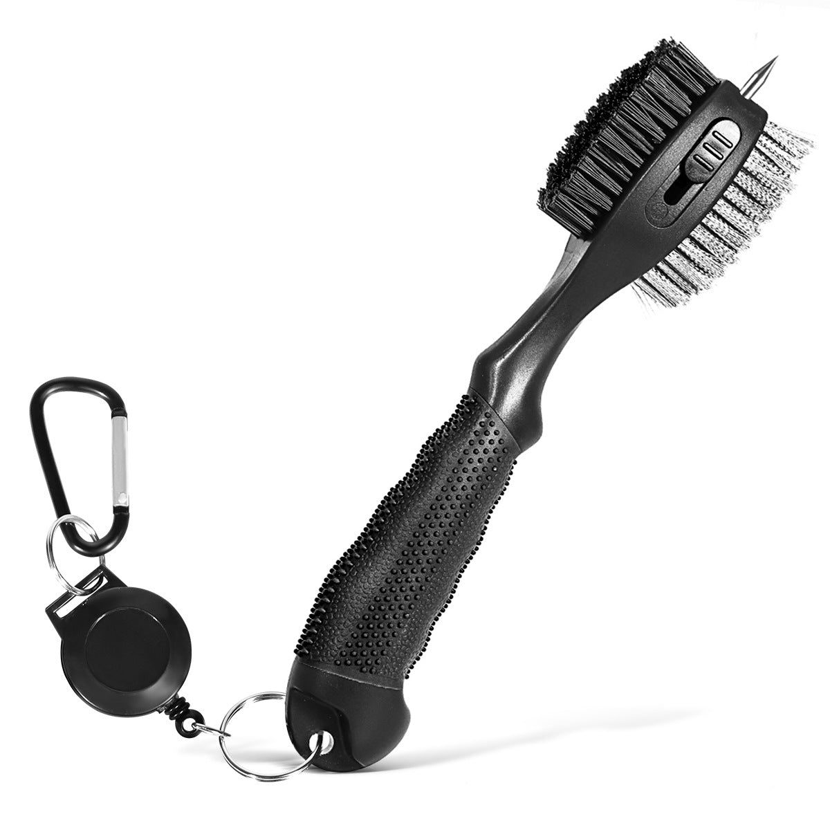 Black Premium Golf Club Cleaning Brush Extra Large Head Dual Bristles Retractable Zip Line & Groove Cleaner Spike Anti-Slip Ergonomic Grip 29cm