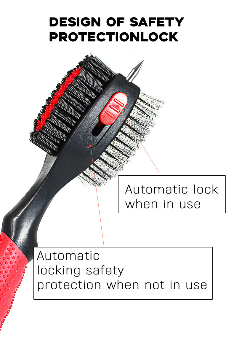 Black Premium Golf Club Cleaning Brush Extra Large Head Dual Bristles Retractable Zip Line & Groove Cleaner Spike Anti-Slip Ergonomic Grip 29cm