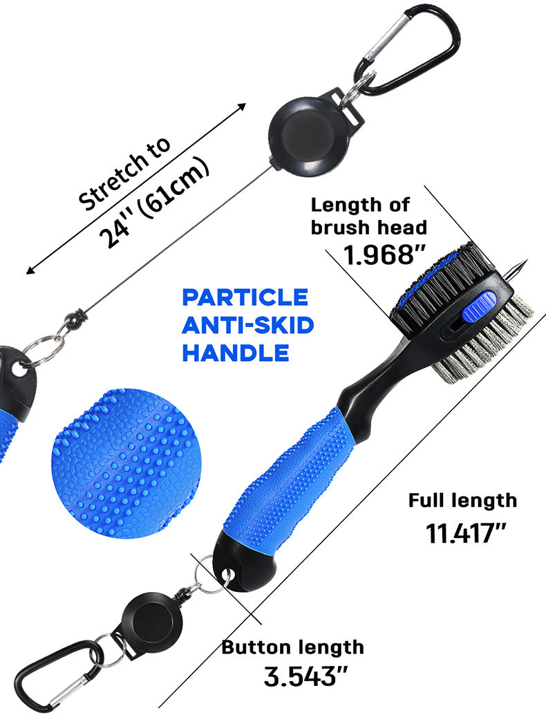 Blue Premium Golf Club Cleaning Brush Extra Large Head Dual Bristles Retractable Zip Line & Groove Cleaner Spike Anti-Slip Ergonomic Grip 29cm