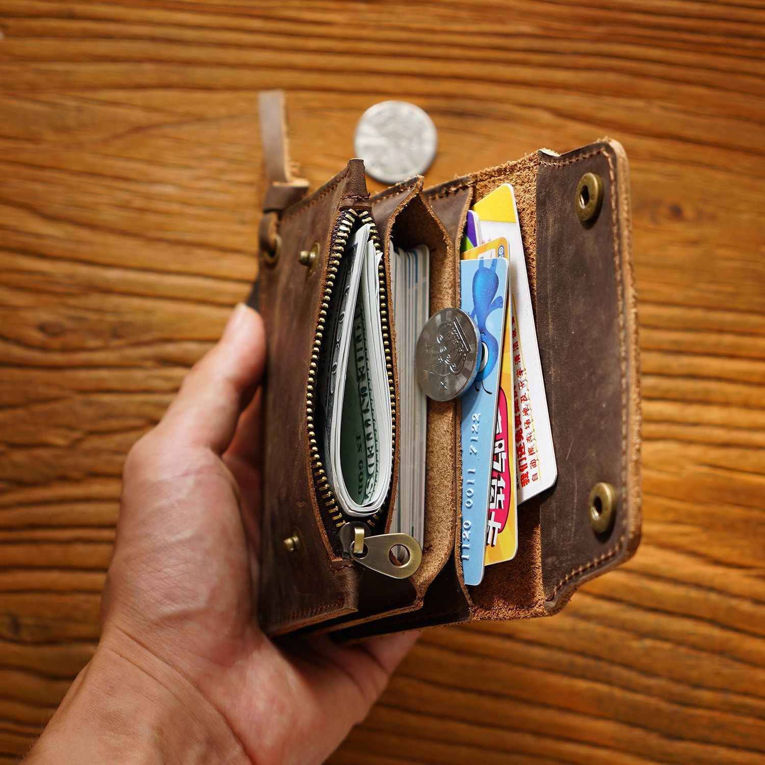 Black Handmade Crazy Horse Leather Wallet Vintage Coin Purse Zipper Card Holder with Strap Snap Closure Top Layer Cowhide 12cm