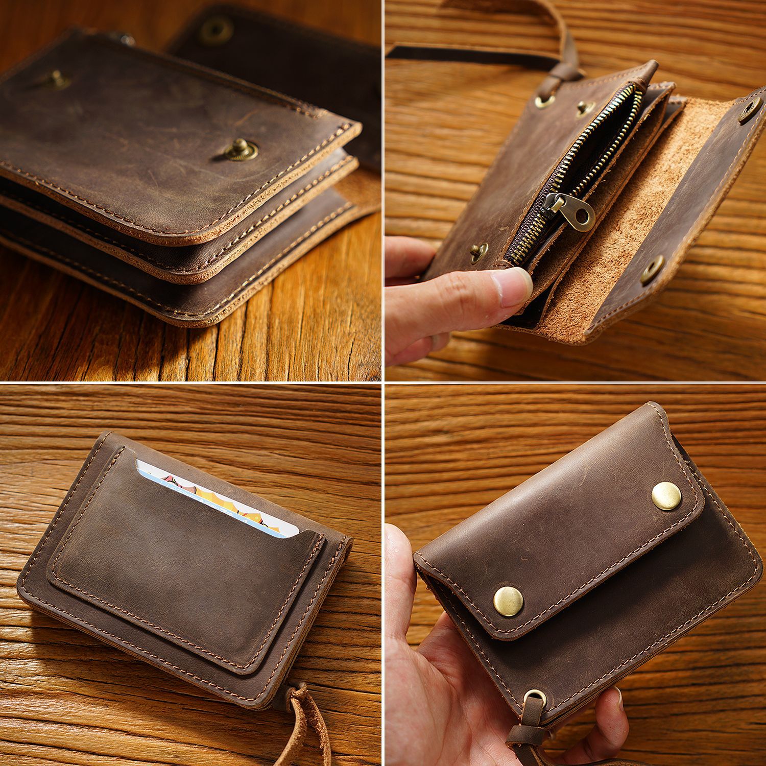 Black Handmade Crazy Horse Leather Wallet Vintage Coin Purse Zipper Card Holder with Strap Snap Closure Top Layer Cowhide 12cm