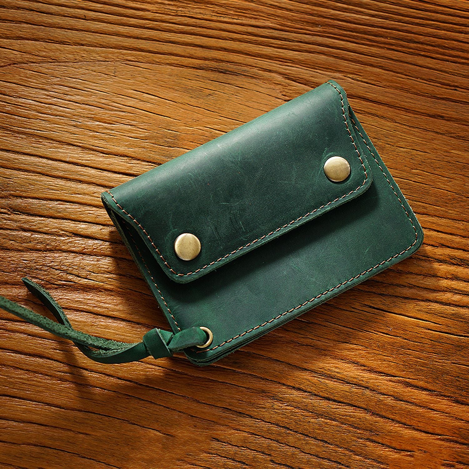 Green Handmade Crazy Horse Leather Wallet Vintage Coin Purse Zipper Card Holder with Strap Snap Closure Top Layer Cowhide 12cm
