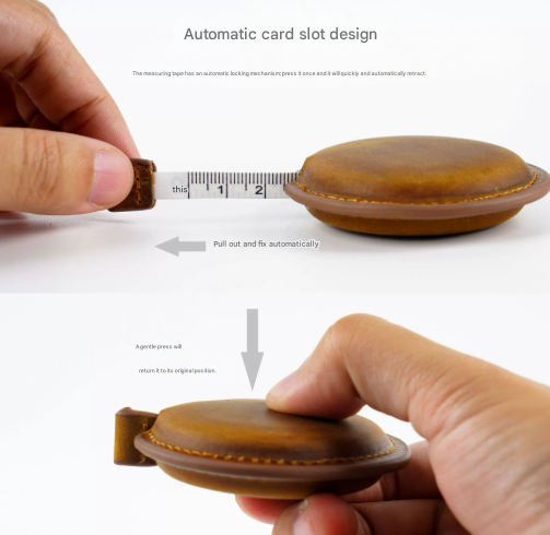 Black Handmade Crazy Horse Leather Retractable Tape Measure Keychain Dual Sided Scale 150cm/60" Mini Pocket Ruler for Sewing & Body Measuring
