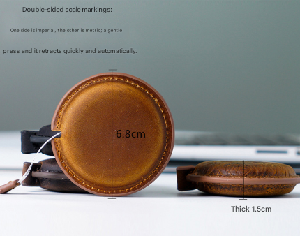 Brown Carved Design Handmade Crazy Horse Leather Retractable Tape Measure Keychain Dual Sided Scale 150cm/60" Mini Pocket Ruler for Sewing & Body Measuring