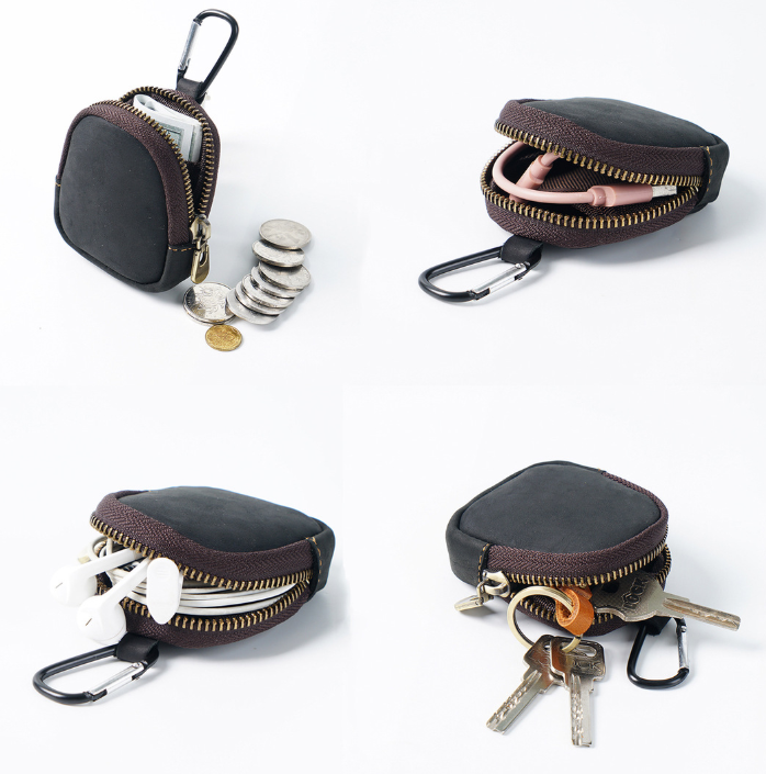 Black Genuine Crazy Horse Leather Mini Coin Purse Zipper Shell Pouch Small Earphone Case Key Holder with Carabiner Clip 8.5cm for Travel
