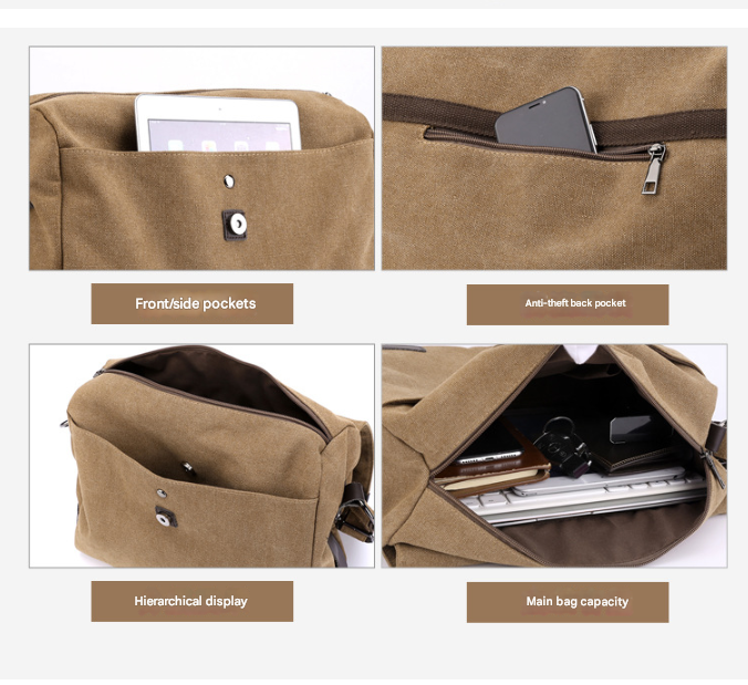 Black Men's Large Capacity Canvas Messenger Bag Lightweight Multi-Pocket Crossbody Shoulder Bag for Work Casual Travel iPad Compatible