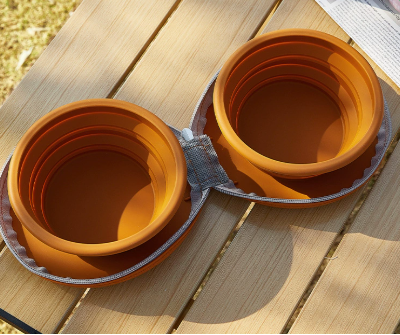 Brown Portable Collapsible Double Pet Bowls for Dogs and Cats - 2x 450ml Food Grade Silicone Travel Feeder with Zippered Paw Carrying Case - Lightweight Outdoor Water and Food Bowl Set