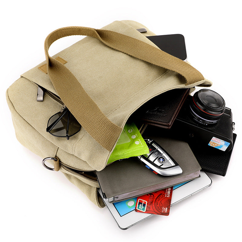Khaki Multi-functional Large Capacity Canvas Tote Bag - Versatile 3-Way Adjustable Shoulder and Crossbody Handbag for Work, Travel, and Daily Use