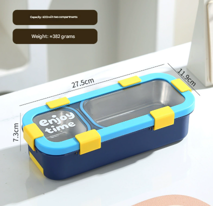 Blue Premium 2-Compartment Stainless Steel Lunch Box - 600ml Leak-Proof Bento Box for School and Office - Portable Meal Container for Students and Professionals