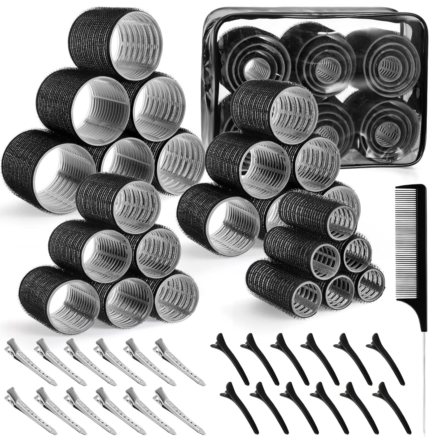 Black 50-Piece Professional Hair Roller Set - Multi-Size Self-Grip Velcro Rollers with Clips and Tail Comb - Complete Heatless Styling Kit for Voluminous Curls and Air Bangs