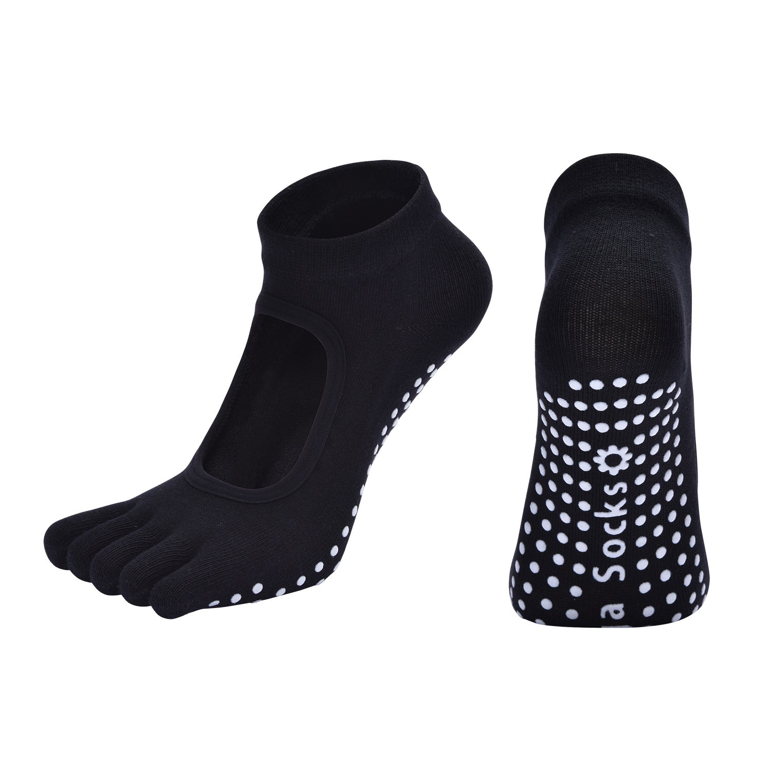 Black 3-Pack Women's Non-Slip Five-Finger Yoga Socks - Open Back Combed Cotton Pilates & Fitness Grip Socks for Professional Exercise