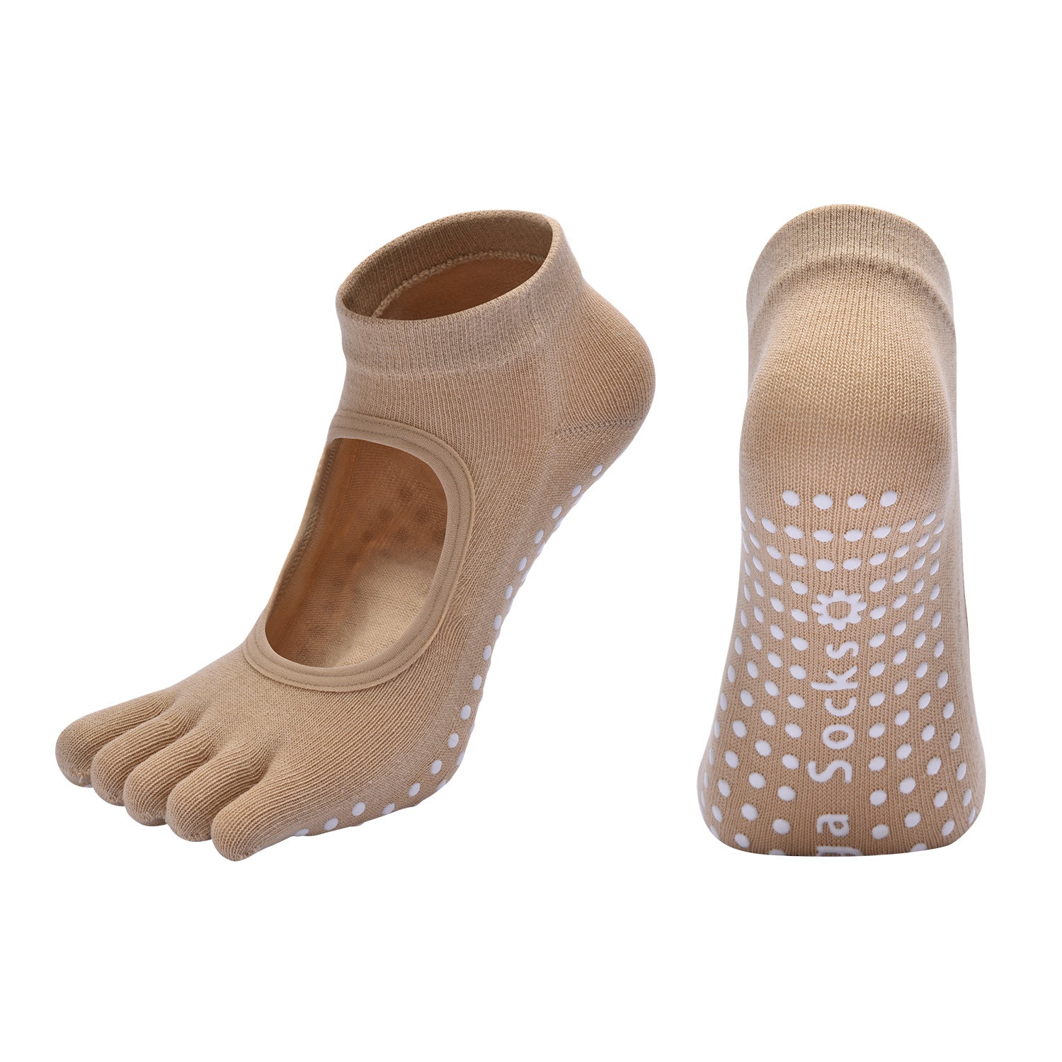 Beige 3-Pack Women's Non-Slip Five-Finger Yoga Socks - Open Back Combed Cotton Pilates & Fitness Grip Socks for Professional Exercise