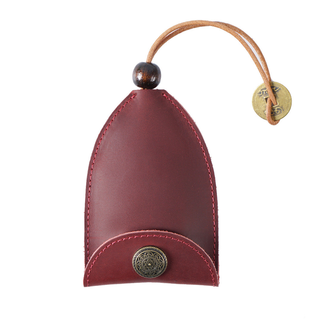 Wine Red Vintage Crazy Horse Leather Key Organizer - Handmade Pull-Out Car Key Case & Home Key Holder with Retro Coin Charm