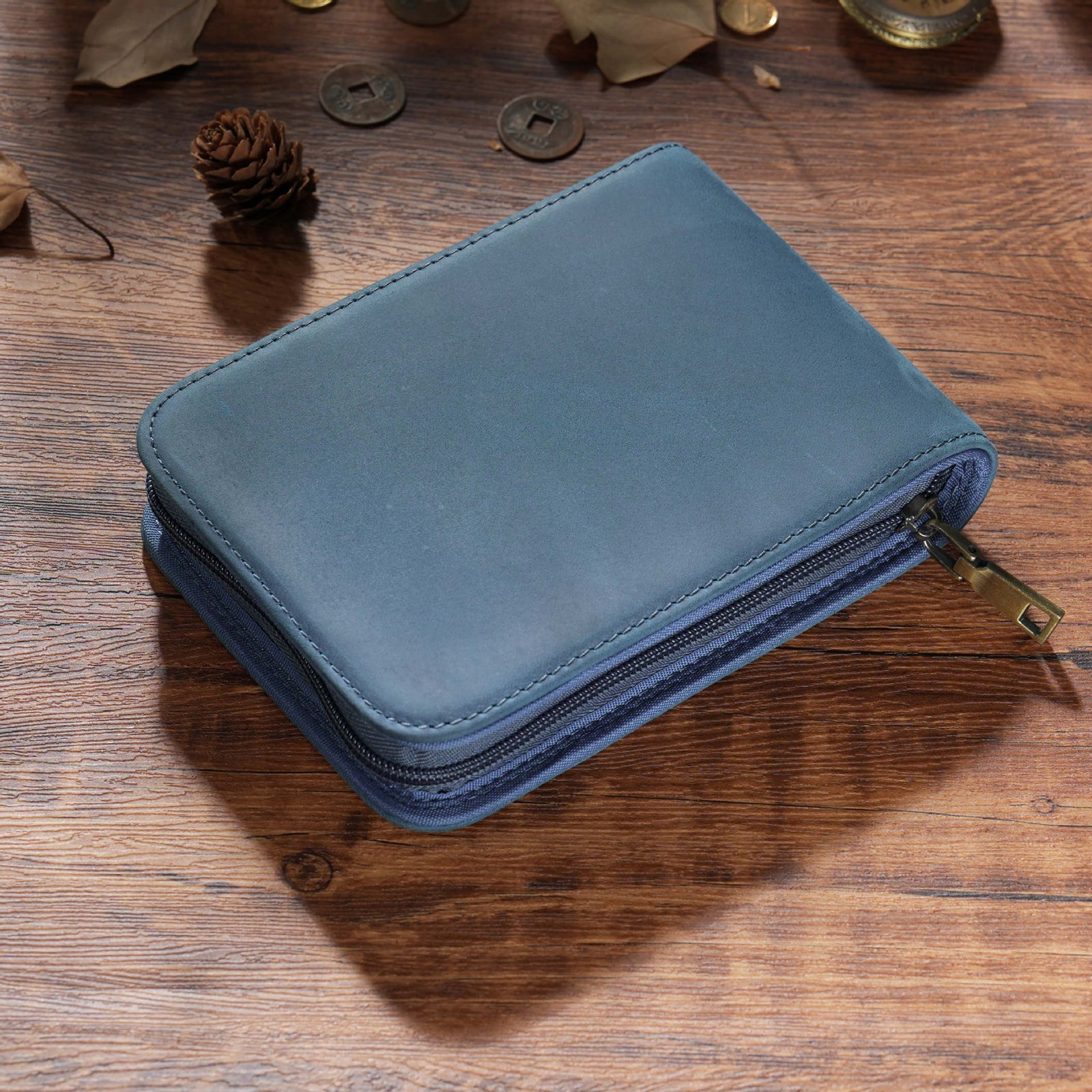 Blue 12-Slot Genuine Crazy Horse Leather Fountain Pen Case - Handcrafted Large Capacity Zippered Pen Organizer & Stationery Pouch