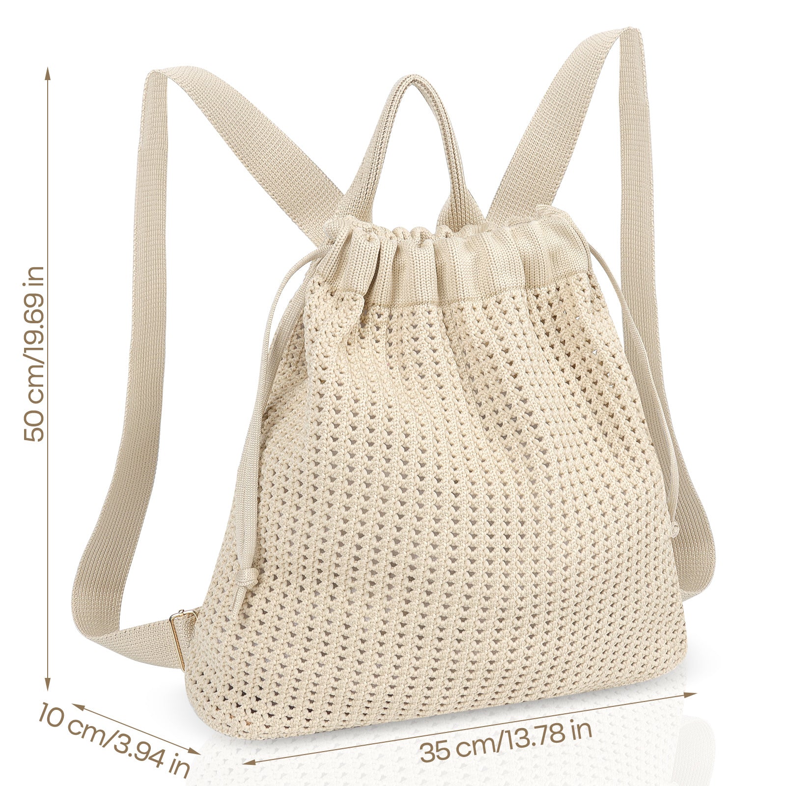 Beige Bohemian Crochet Knit Drawstring Backpack - Hand-Woven Versatile Tote & Shoulder Bag for Vacation, Travel, and Daily Use