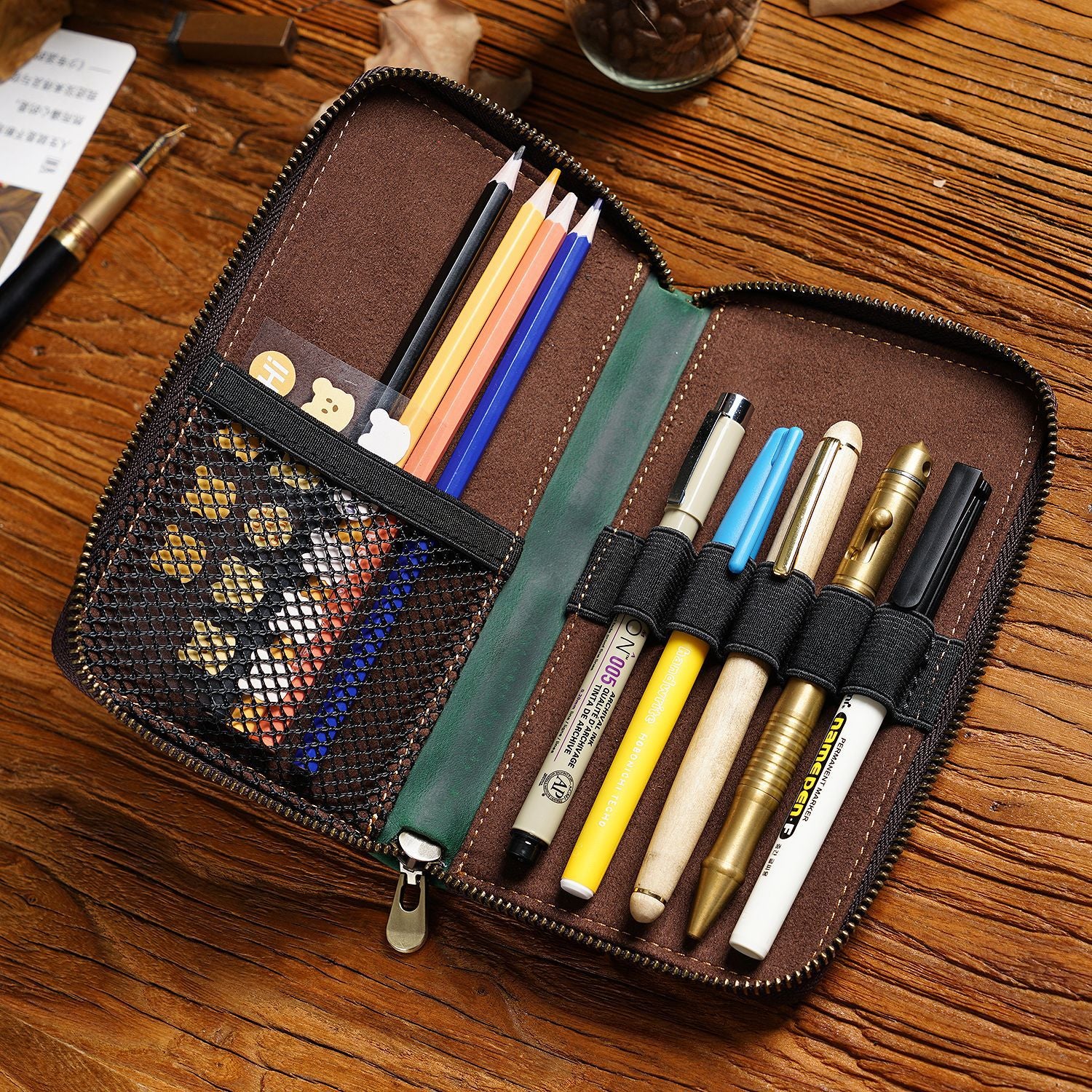 Blue Genuine Crazy Horse Leather Fountain Pen Case Zippered Organiser Pouch with 5 Elastic Loops & Mesh Pocket Vintage Stationery Holder